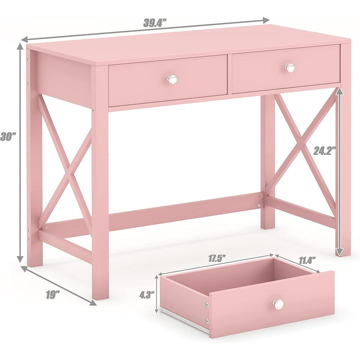 Pink Modern Writing Computer Desk with Drawers
