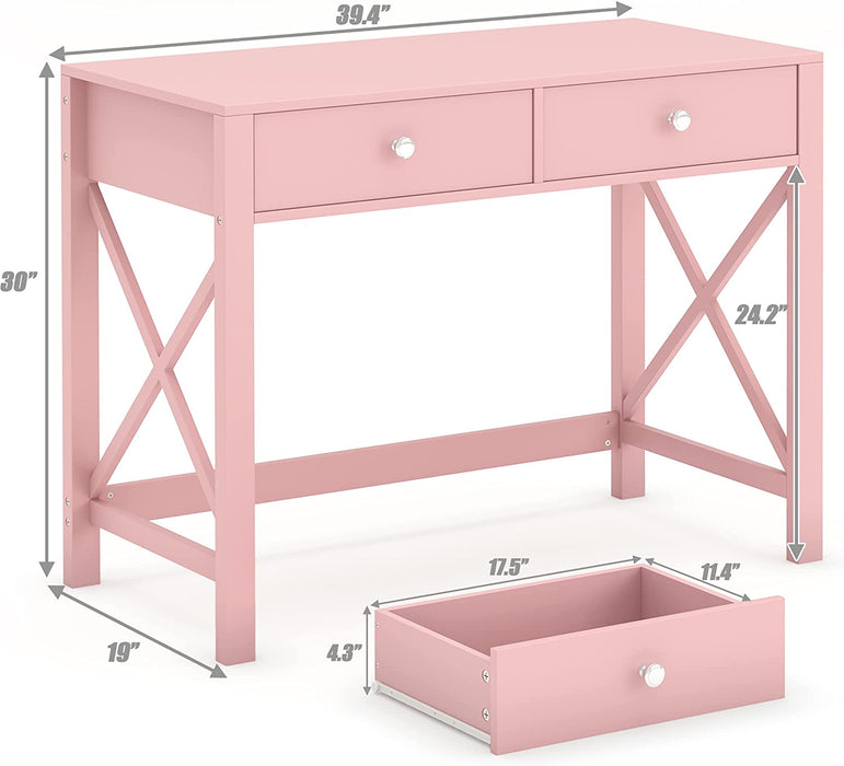 Pink Modern Writing Computer Desk with Drawers