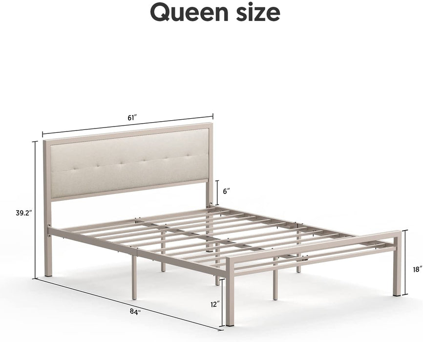 Champagne Color Queen Platform Bed Frame W/ Fabric Headboard and Footboard