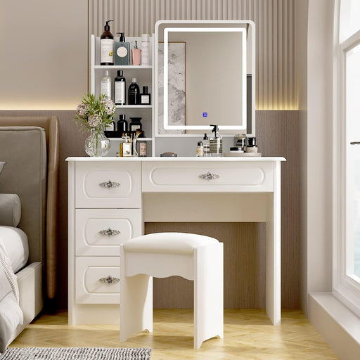 White Vanity Table Set with Lighted Mirror