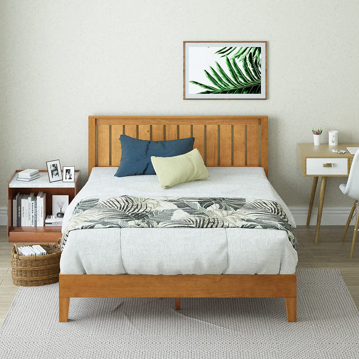 Deluxe Wood Platform Bed Frame with Headboard, Wood Slat Support