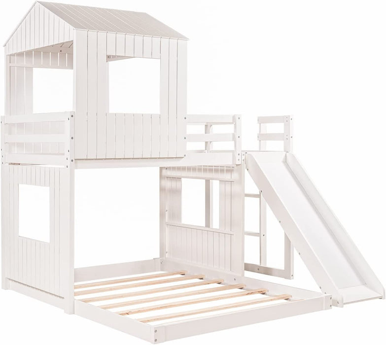 House Bed Bunk Beds with Slide and Guard Rail, No Box Spring Needed