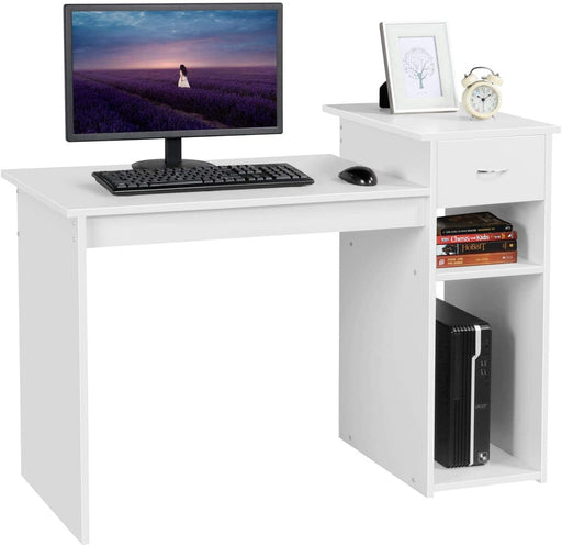 Compact White Desk with Storage and Monitor Shelf