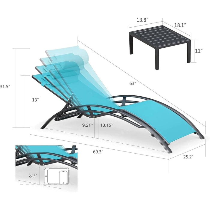 Patio Chaise Lounge Chair Set with 2 Side Table Outdoor Pool Adjustable Recliner Chairs for outside Beach Poolside Sunbathing Tanning Lounger