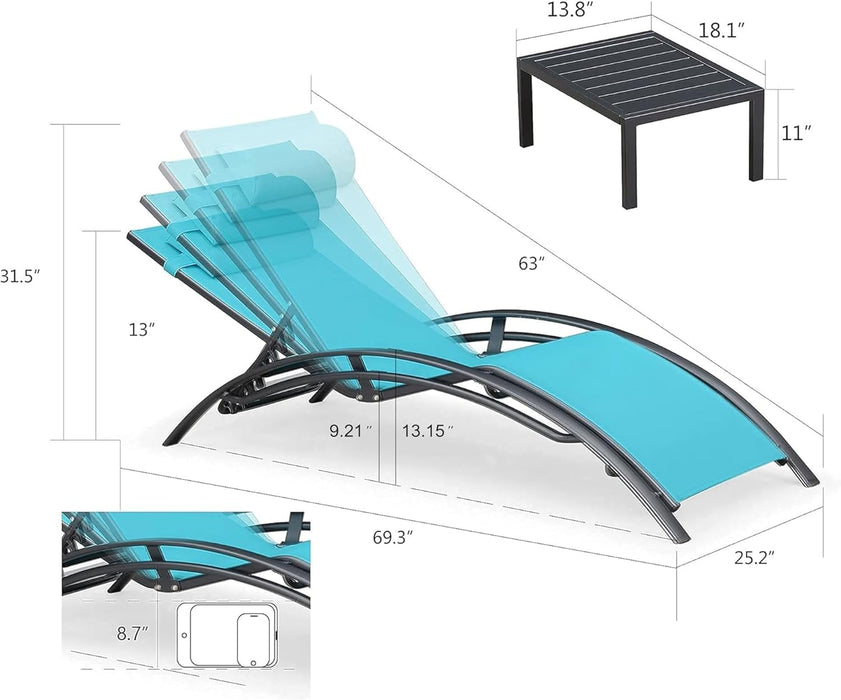 Patio Chaise Lounge Chair Set with 2 Side Table Outdoor Pool Adjustable Recliner Chairs for outside Beach Poolside Sunbathing Tanning Lounger