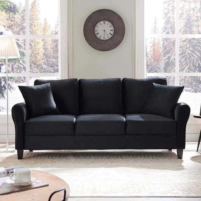 Modern Velvet 3-Seater Sofa with Pillows (Black)