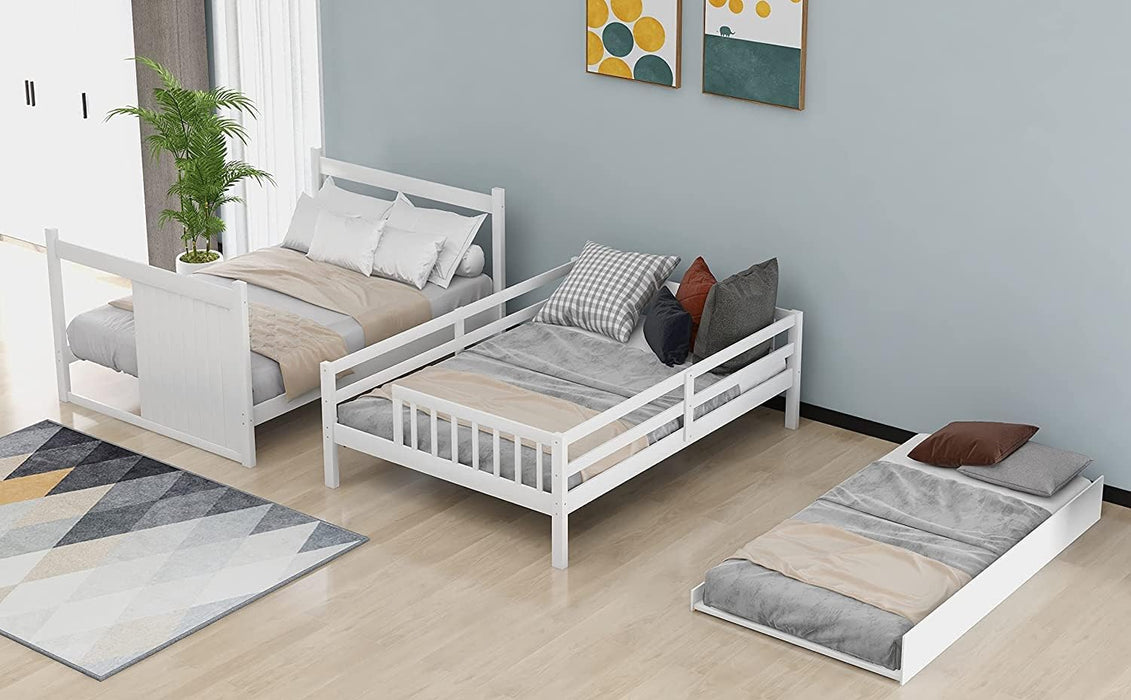 Full over Full Bunk Bed W/ Trundle & Drawers, White