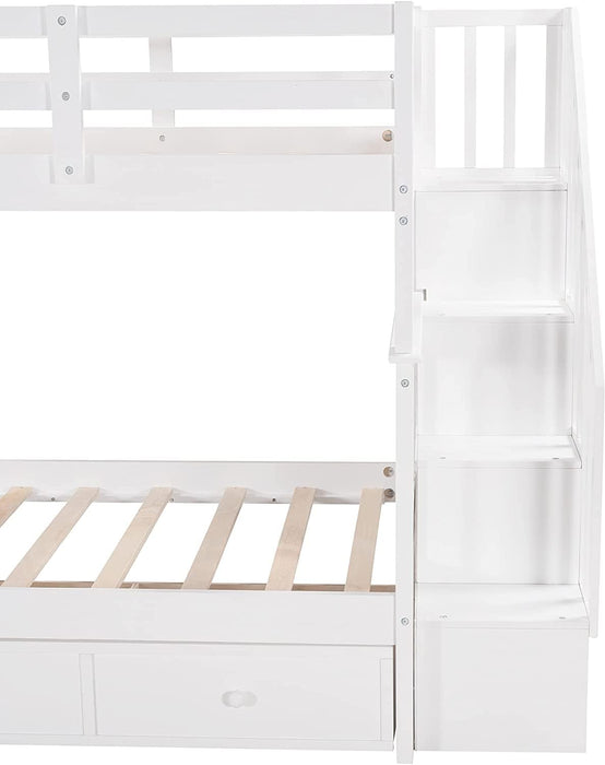 White Twin Bunk Bed with Stairs and Storage Drawers
