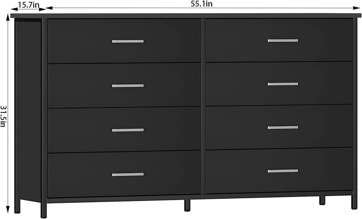 Black Wood 8-Drawer Double Dresser with Steel Frame