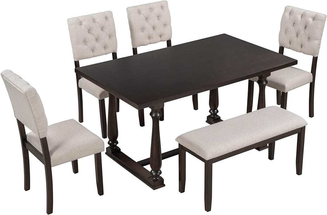 Espresso Wooden 6-Piece Dining Table Set with Bench