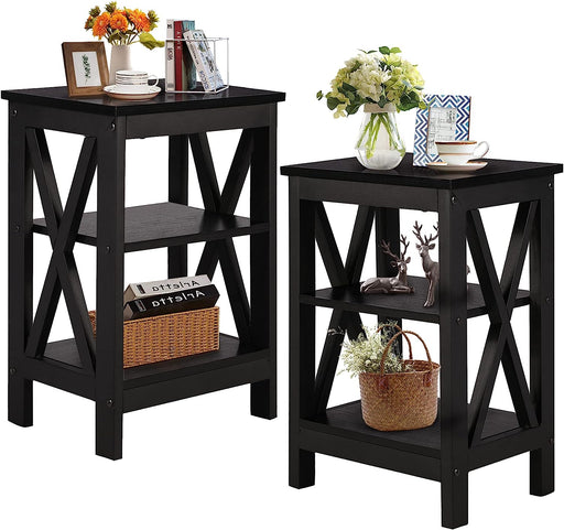 Black Nightstands with 3-Layer Storage Shelf, Set of 2