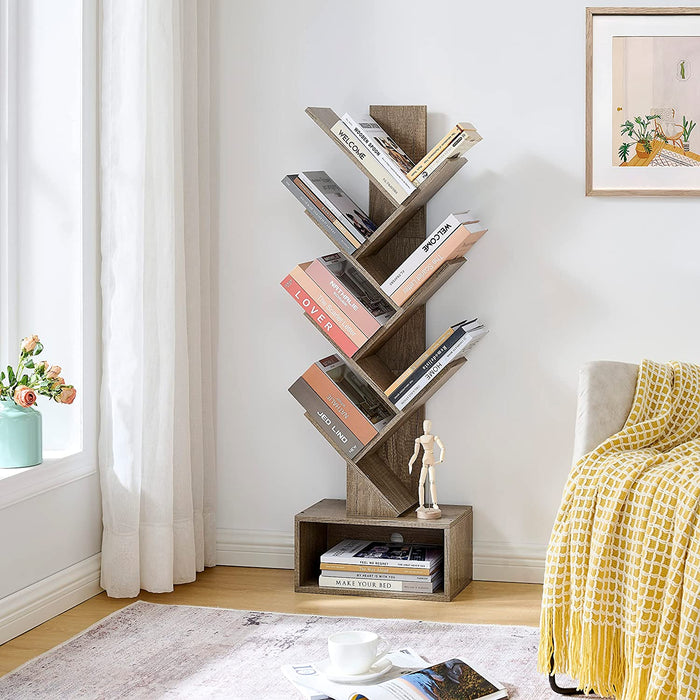 Modern 6-Tier Bookshelf with Drawer in Greige