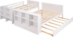 Twin over Full Wood Bunk Bed with Trundle, Shelves, White