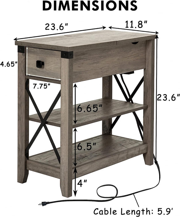 Farmhouse Slim Side Table with Charging Station