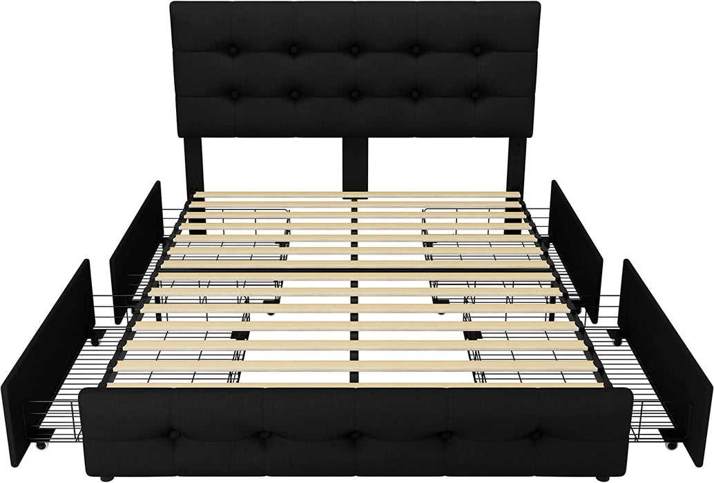 Queen Bed Frame with 4 Storage Drawers, Adjustable Headboard, Wooden Slats