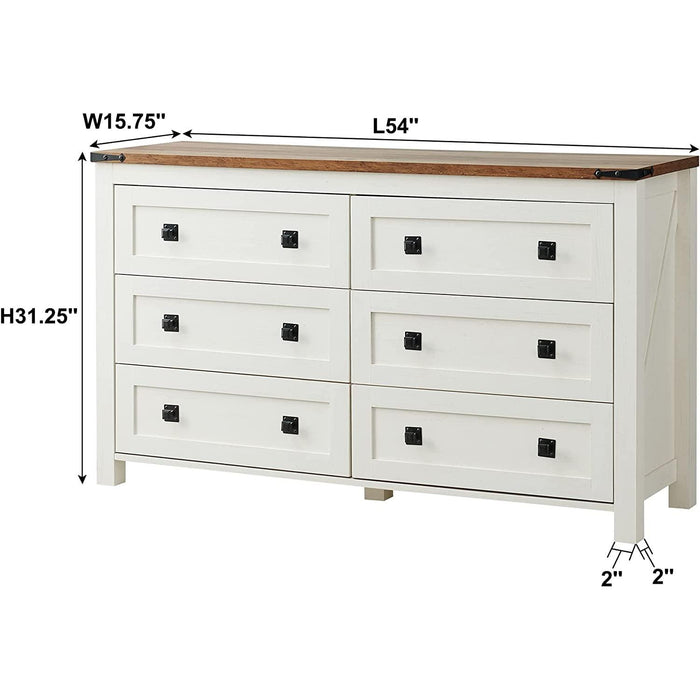 Rustic White Dresser with 6 Drawers for Bedroom Storage