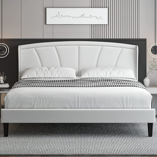 Queen Faux Leather Upholstered Platform Bed Frame with Wingback Headboard