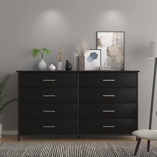 Black Wood 8-Drawer Double Dresser with Steel Frame