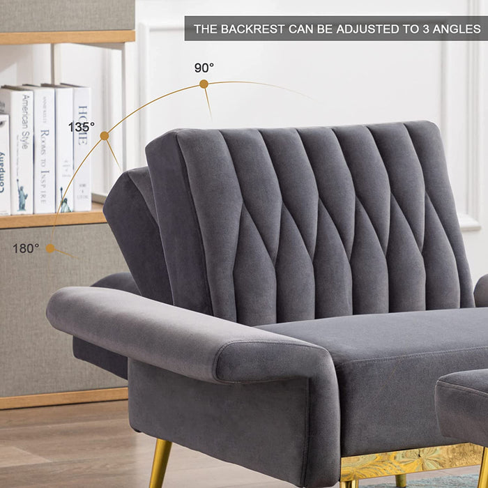 Grey Velvet Accent Chair with Ottoman and Armrests