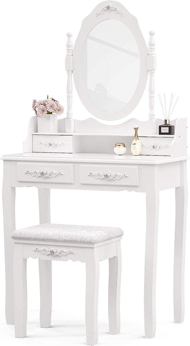 Wood Makeup Vanity Set with Mirror & Stool