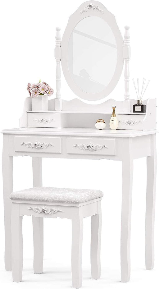 Wood Makeup Vanity Set with Mirror & Stool