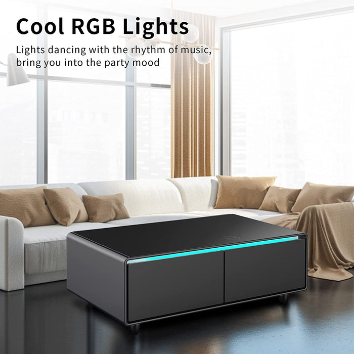 Smart Coffee Table with Built-In Fridge and Speakers