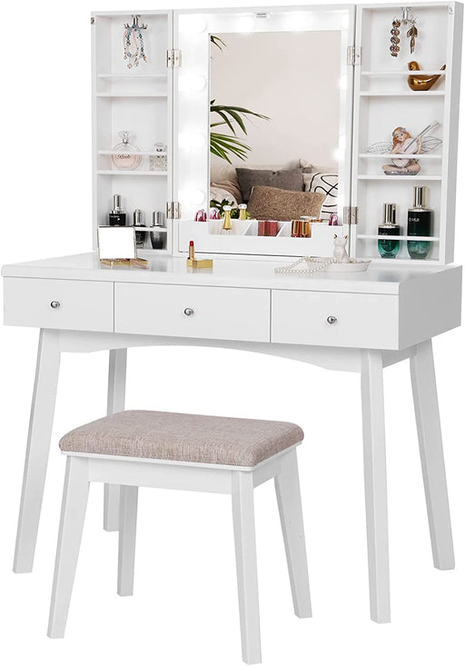 White Vanity Desk Set with Lighted Mirror & Makeup Cabinet