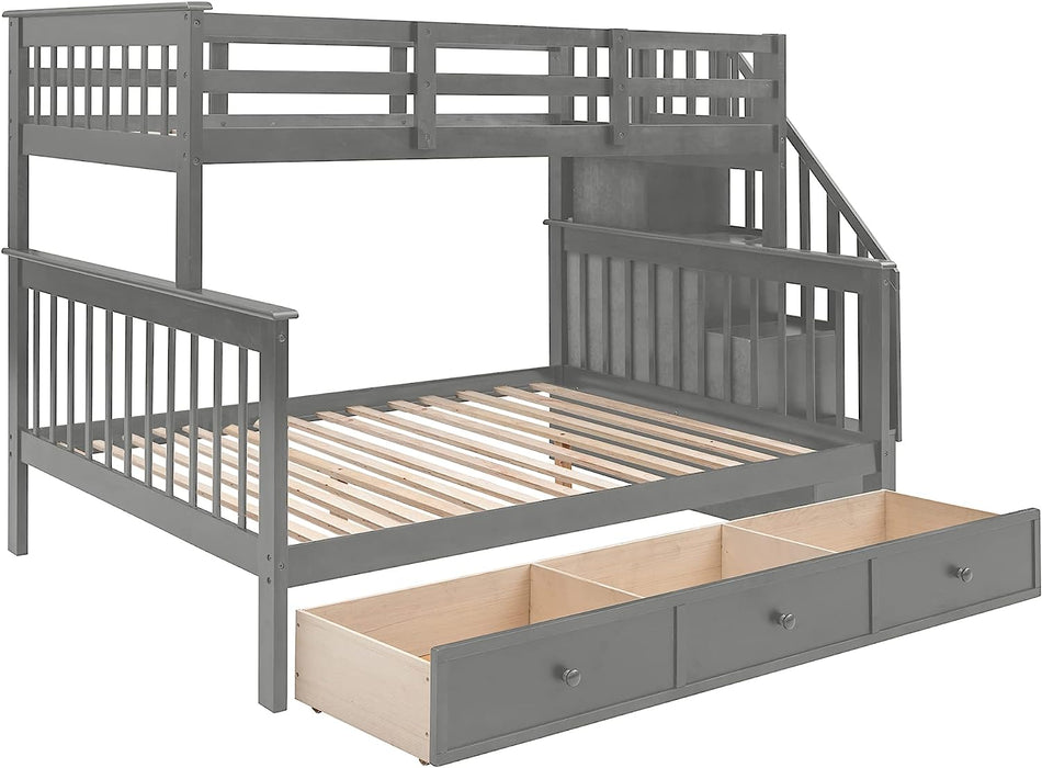 Twin over Full Bunk Bed with Stairs, Grey