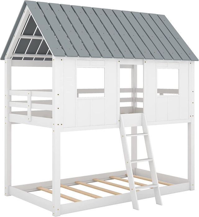 Twin House Bunk Bed with Playhouse, White and Gray