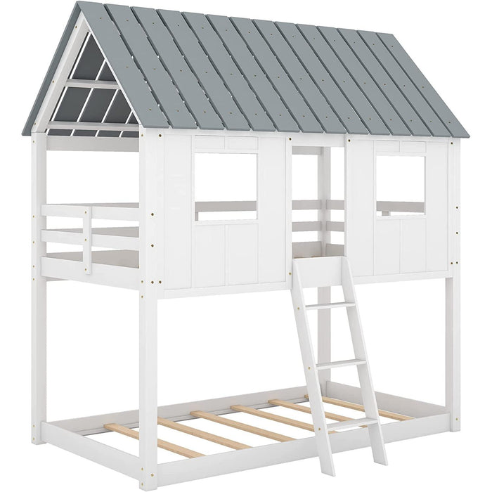 Twin House Bunk Bed with Playhouse, White and Gray