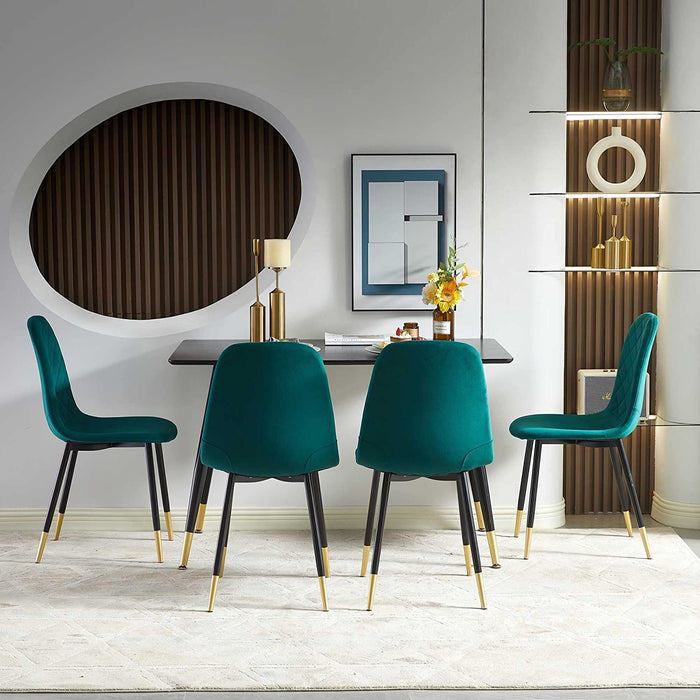 5-Piece Modern Dining Table Set with Dark Green Velvet Chairs