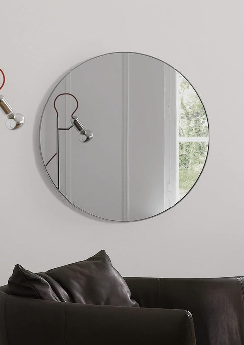 30" round Wall Mirror, Metal Framed Decorative Circle Mirror for Livingroom Bedroom Bathroom Entryway over Sink Vanity, Grey, Sun