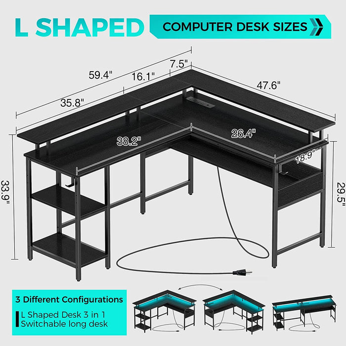 L-Shaped Computer Desk with LED Strip, Black