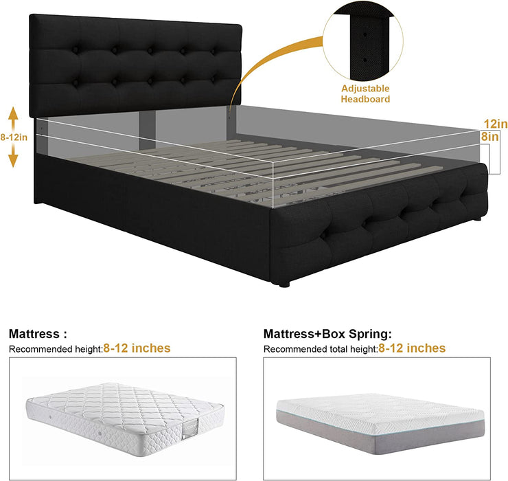 Queen Bed Frame with 4 Storage Drawers, Adjustable Headboard, Wooden Slats