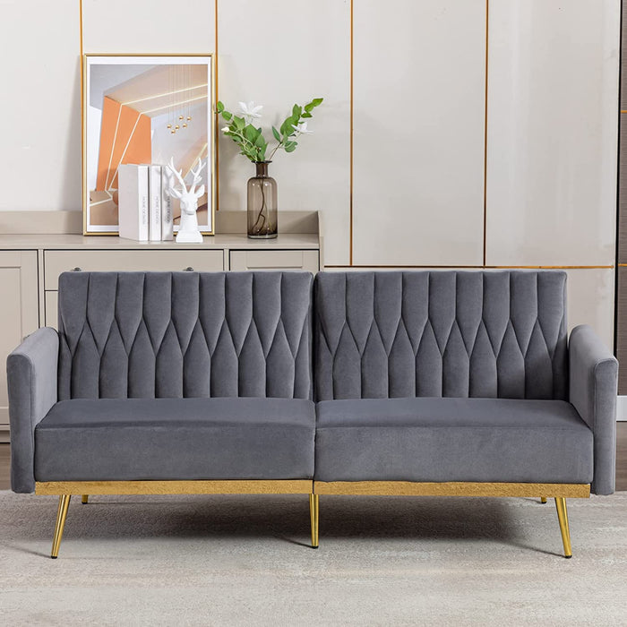 Golden-Legged Velvet Futon Sofa Bed (Grey)