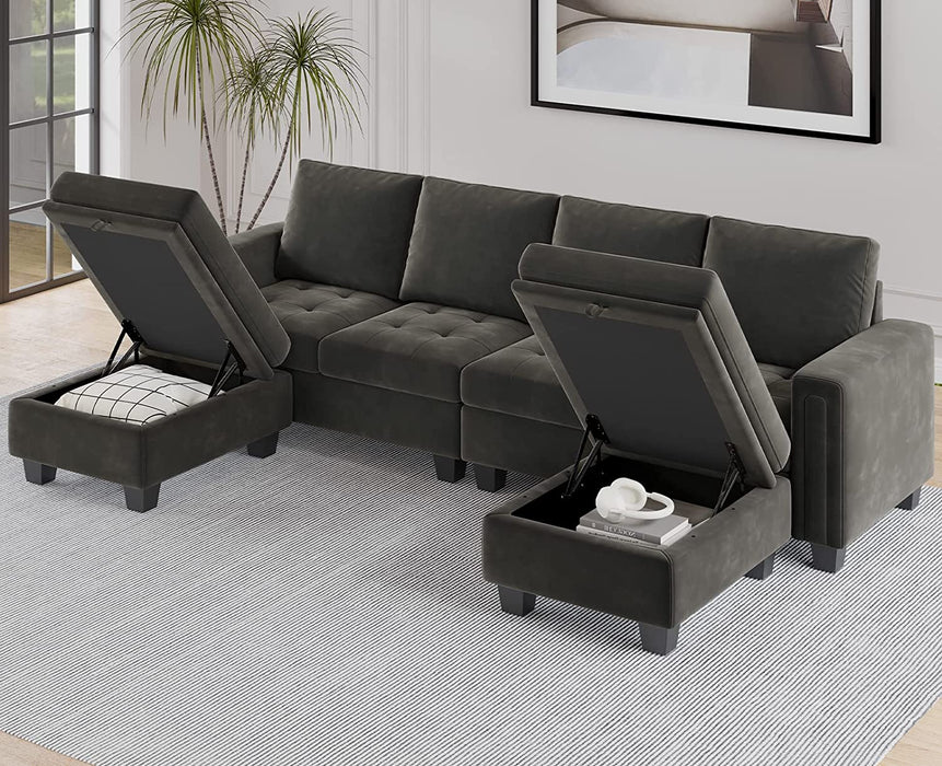 Grey Velvet Storage Ottoman for Living Room