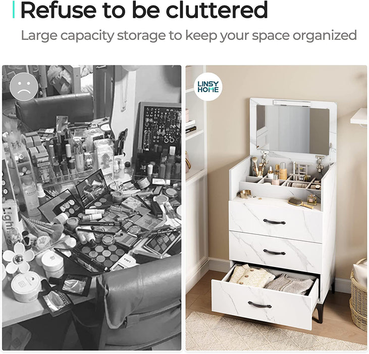 White Dresser with Antique Handles and Makeup Organizer