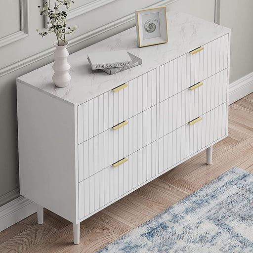 White 6 Drawer Double Dresser, Imitation Marble Texture