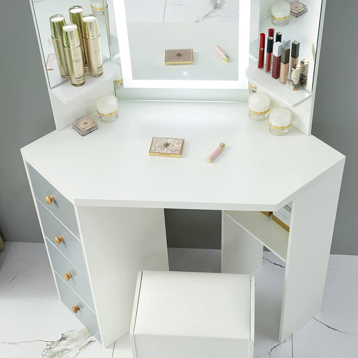 White Vanity Set with Three-Fold Mirrors LED Touch Mirror