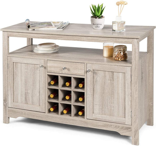 Gray Wood Dining Table with Cabinets, Drawers, and Wine Storage