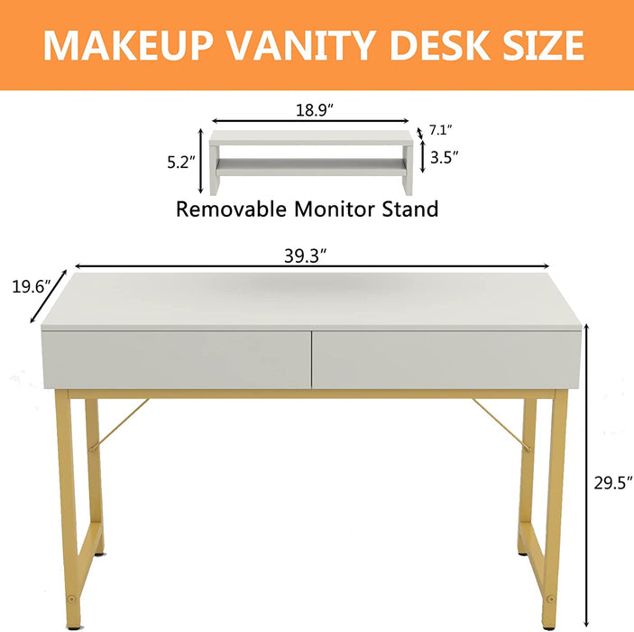 White Home Office Desk with Drawer and Monitor Stand