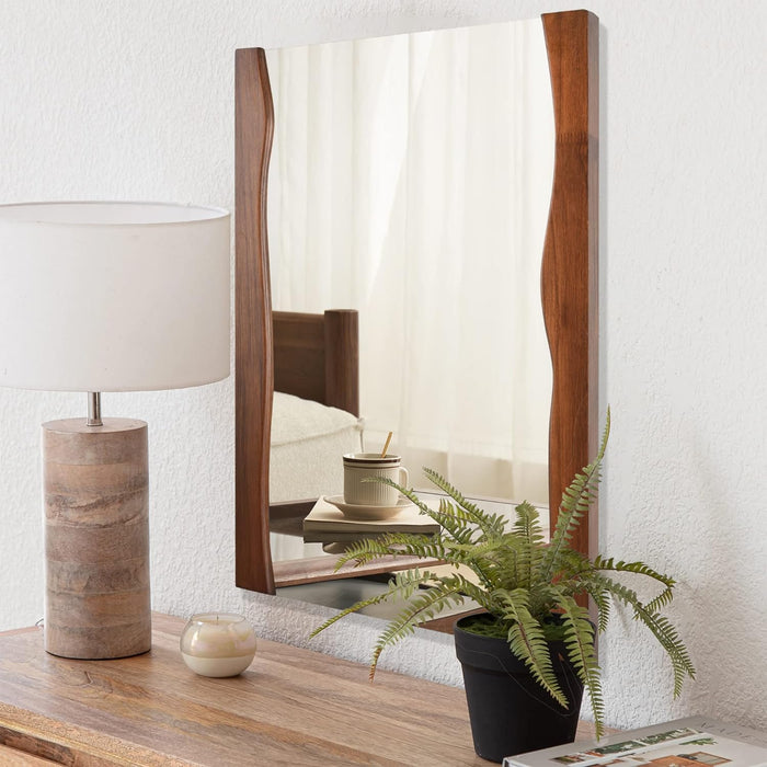 Rectangle Wood Bathroom Mirror with Live Edge Wooden Frame, Irregular Mirror 20 X 28 Inch Vanity Mirrors for Entryway, Living Room, Bedroom, Rustic Brown