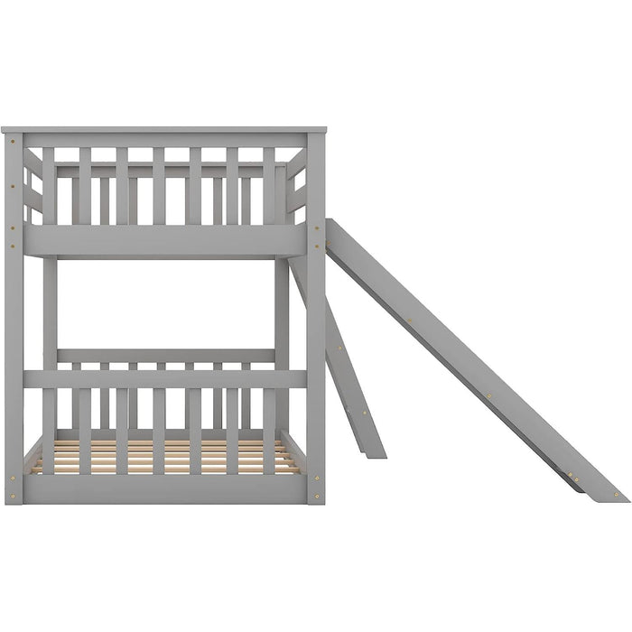 Grey Low Twin Bunk Bed with Slide and Ladder