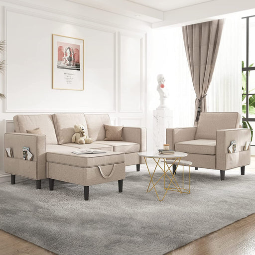 3 Pcs Sectional Sofa Couch with Storage Ottoman, Couch Set with Storage Pockets, Convertible Sectional Couches for Living Room, 3-Seater Sofa + Ottoman+ 1 Single Sofa (Beige)