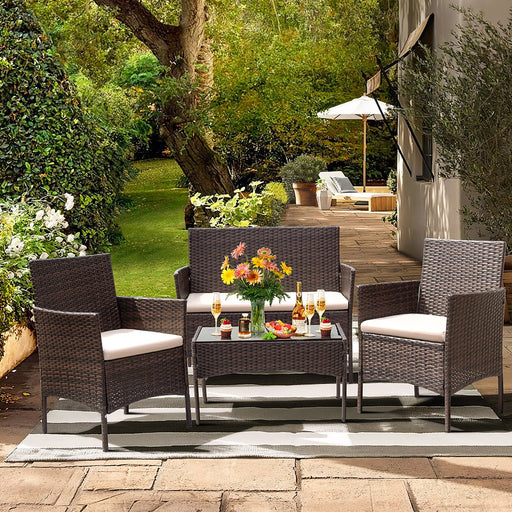 4 Pieces Patio Conversation Set Outdoor PE Rattan Wicker Chairs Set and Table, Brown