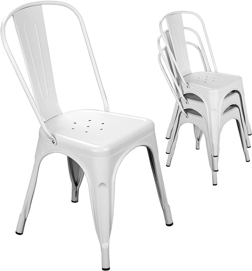 Set of 4 Metal Dining Chairs, Farmhouse Tolix Style, Indoor/Outdoor, White