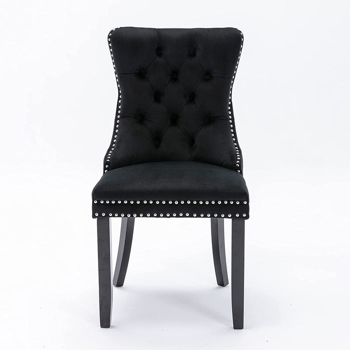 Set of 2 Black Upholstered Accent Chairs, Button Tufted, Armless, Back Ring Pull, Nailhead Trim, 20″ Seat Height