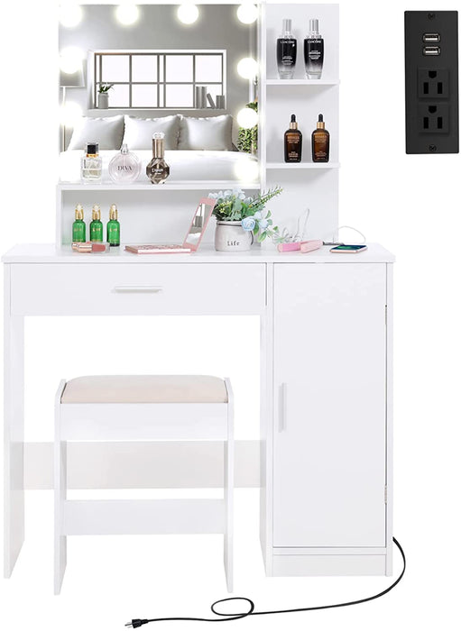 White Vanity Table Set with Lighted Mirror