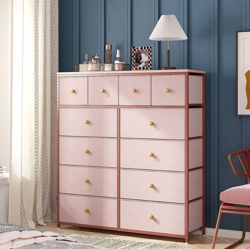 Pink Fabric 12-Drawer Tall Bedroom Dresser