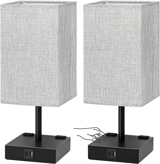 Grey Fabric Shade Bedside Table Lamp Set of 2 with USB and AC Ports